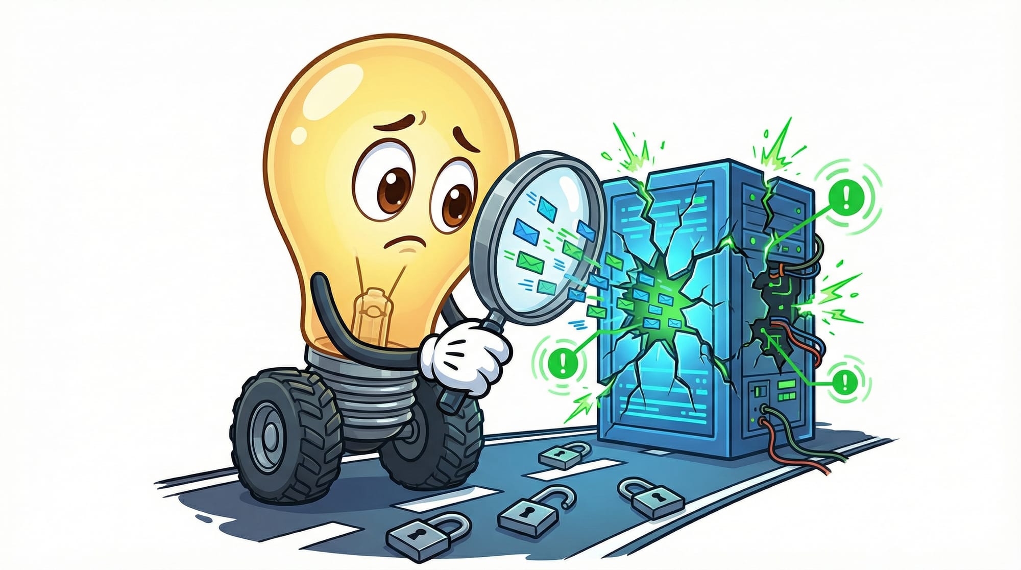 Flick the lightbulb mascot examines a cracked server with a magnifying glass, eyebrows raised in alarm at exposed vulnerab...