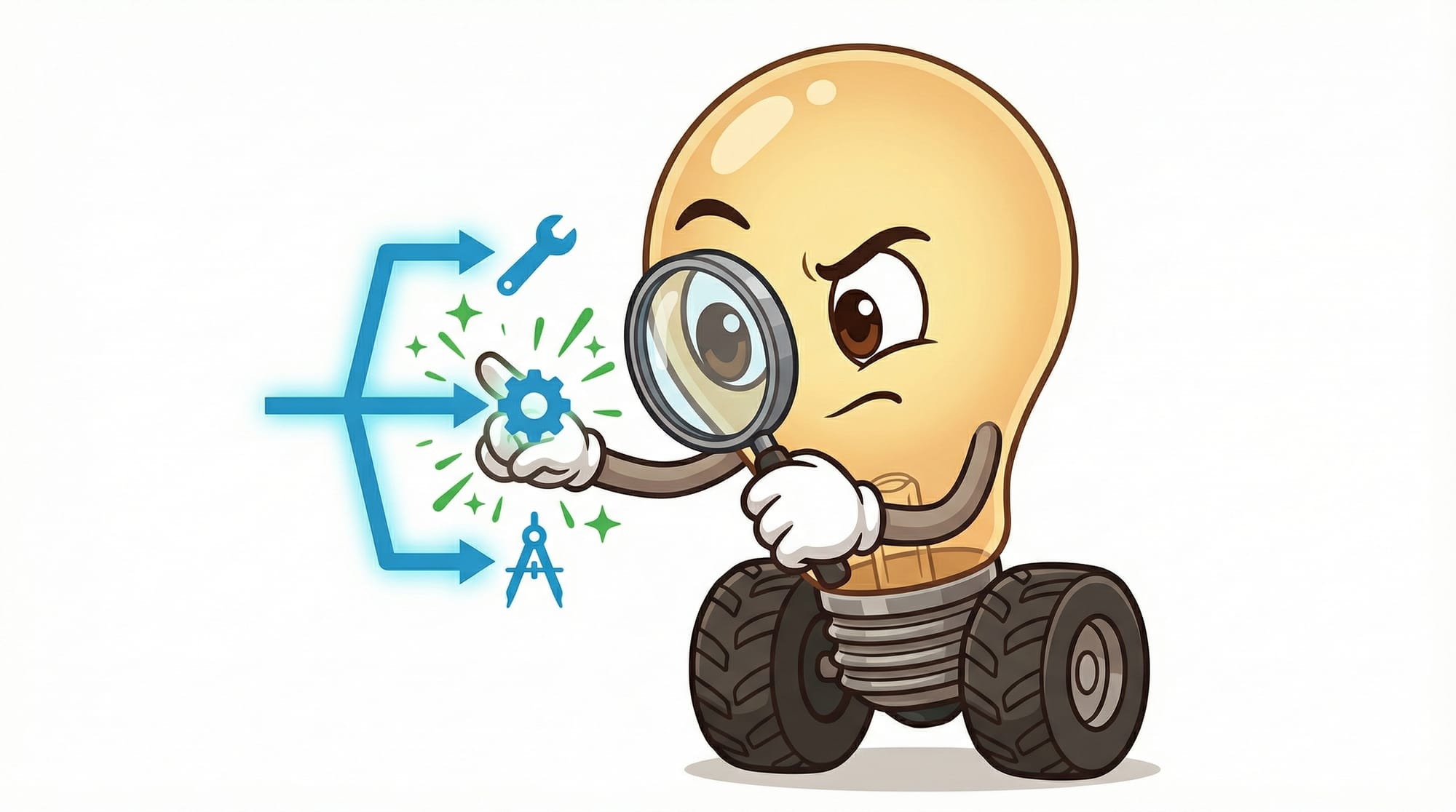 Flick the lightbulb mascot examines a glowing decision tree with a magnifying glass, studying branching pathways to tool i...