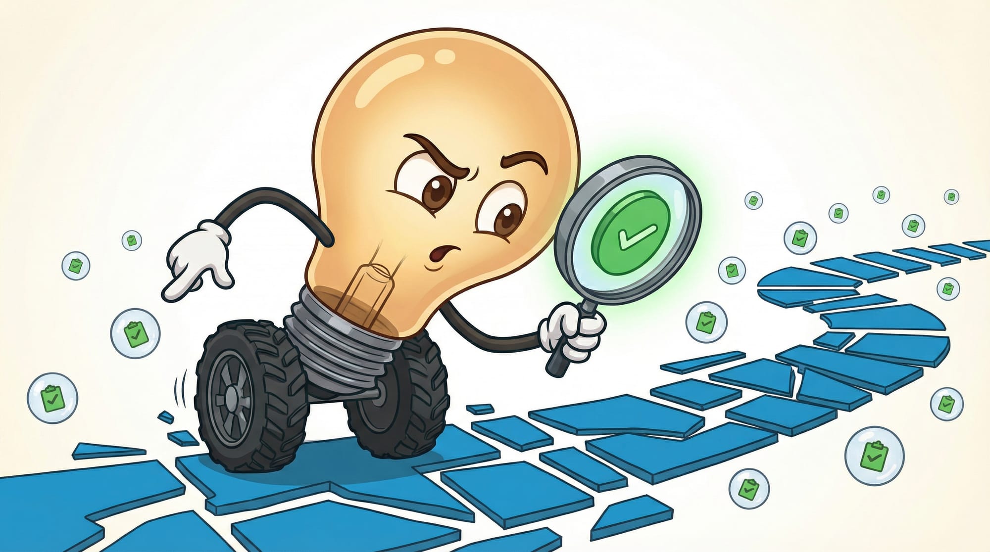 Flick the lightbulb mascot leans forward with magnifying glass, examining a green task icon above fragmented blue paths.