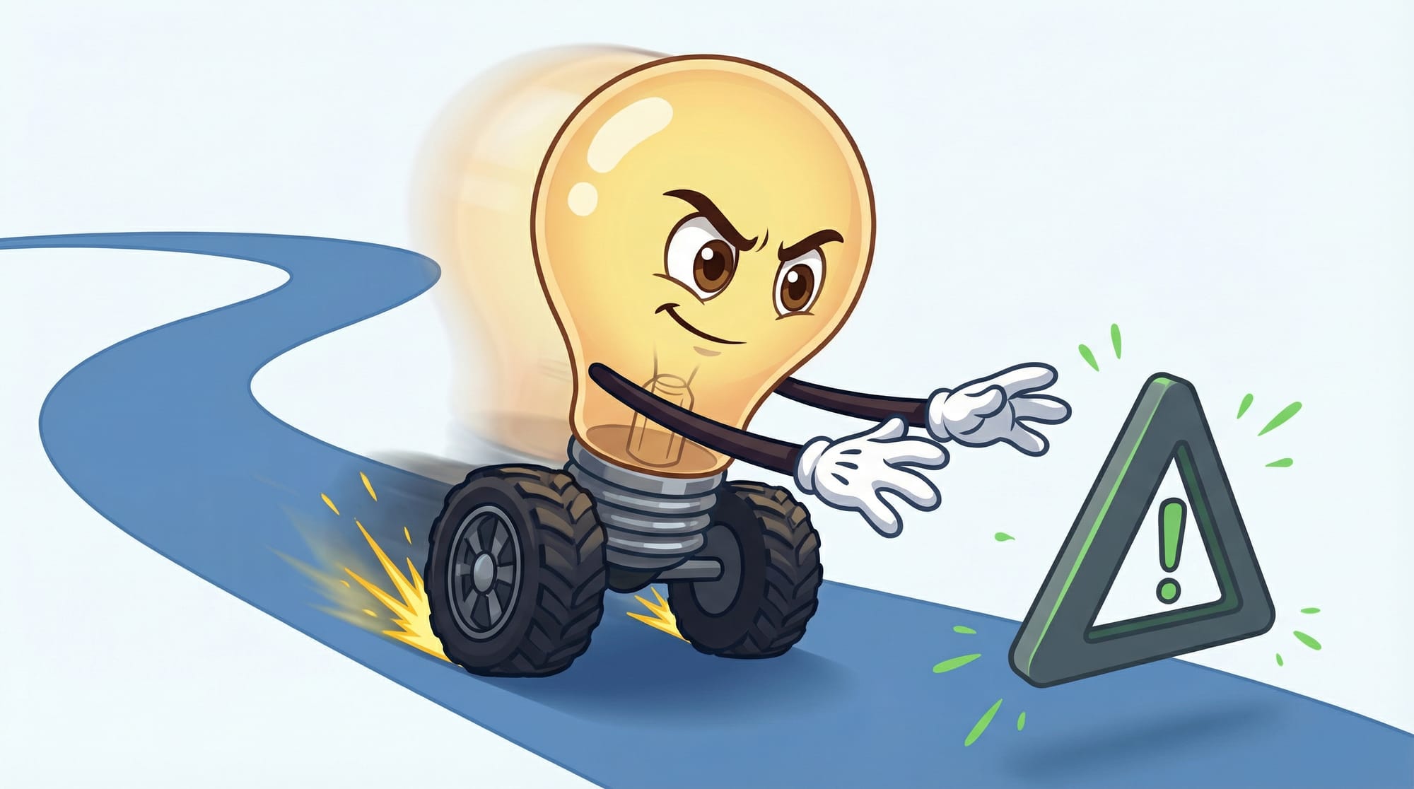 Flick the lightbulb mascot races forward on wheels with determined expression, reaching toward a caution sign with sparks ...