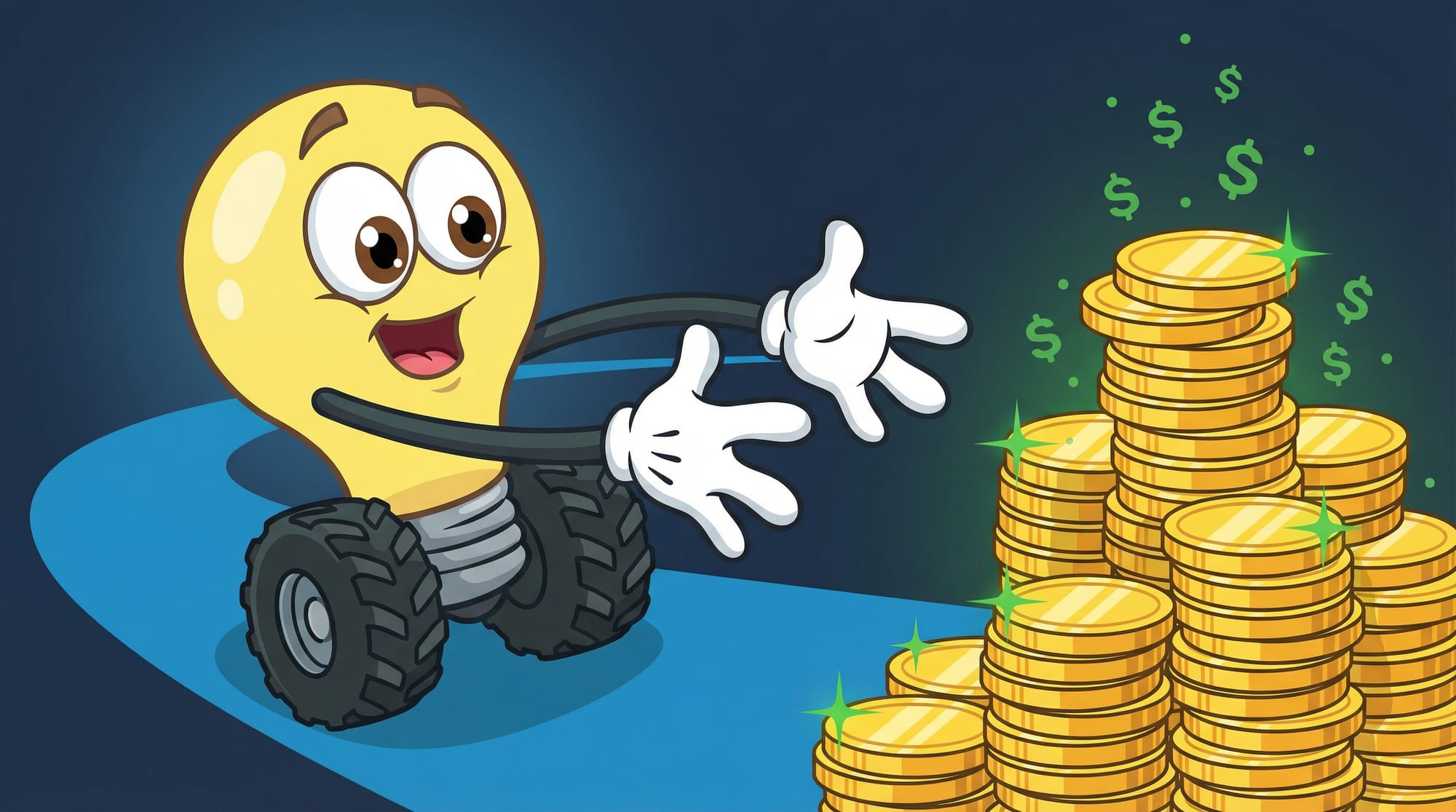 Flick the lightbulb mascot races excitedly toward a sparkling stack of gold coins on a blue path, arms outstretched.