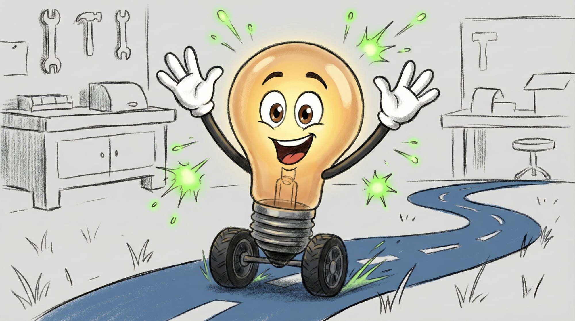 Flick the lightbulb mascot stands on a blue road with raised arms, eyes wide with excitement, as green sparks burst around...