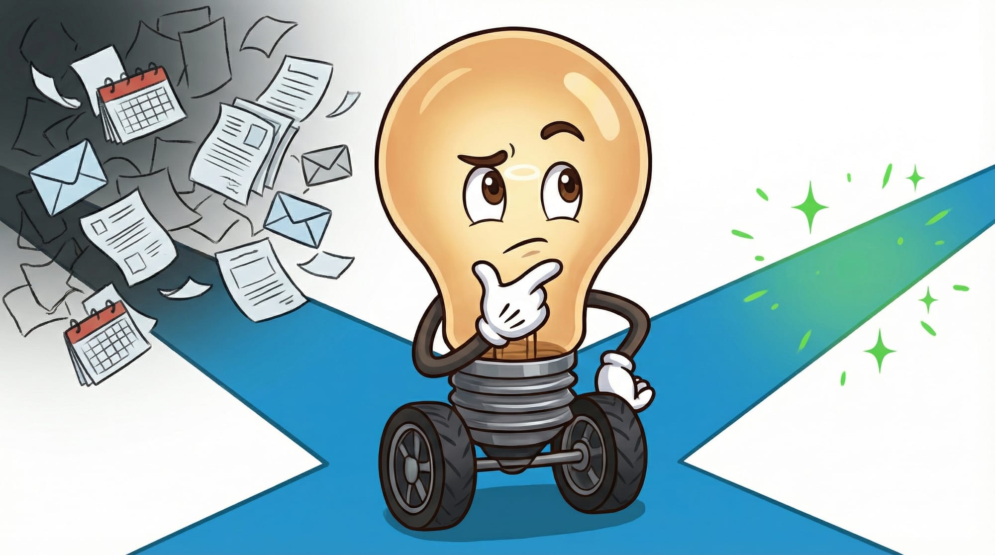 Flick the lightbulb mascot contemplates two paths: one cluttered with tasks, one clear with green sparks of possibility.