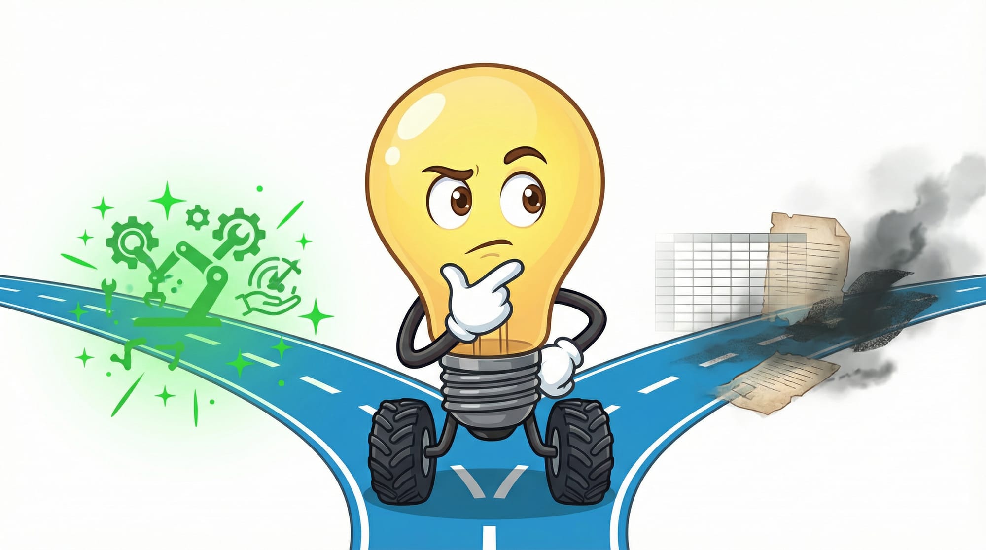 Flick the lightbulb mascot contemplates two diverging paths: one glowing green with automation, one fading to gray spreads...