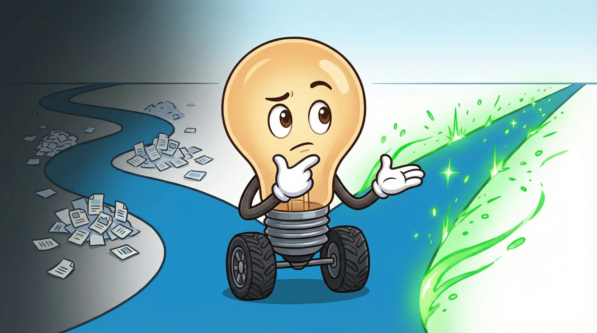 Flick the lightbulb mascot contemplates two paths: one cluttered with paper, one streamlined with green automation sparks.