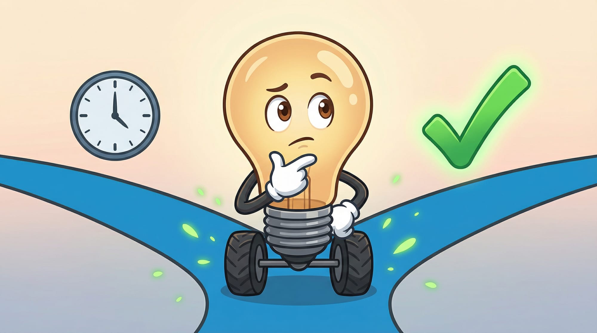 Flick the lightbulb mascot stands at a fork, hand on chin, deciding between a clock path and a green checkmark path.