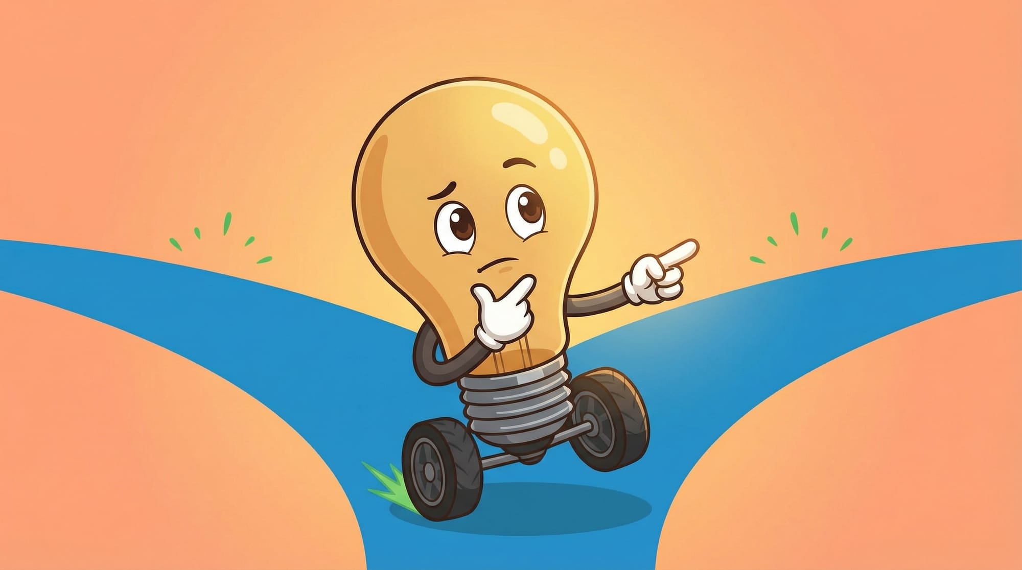Flick the lightbulb mascot pauses thoughtfully at a fork in the road, hand on chin, choosing between two blue paths.