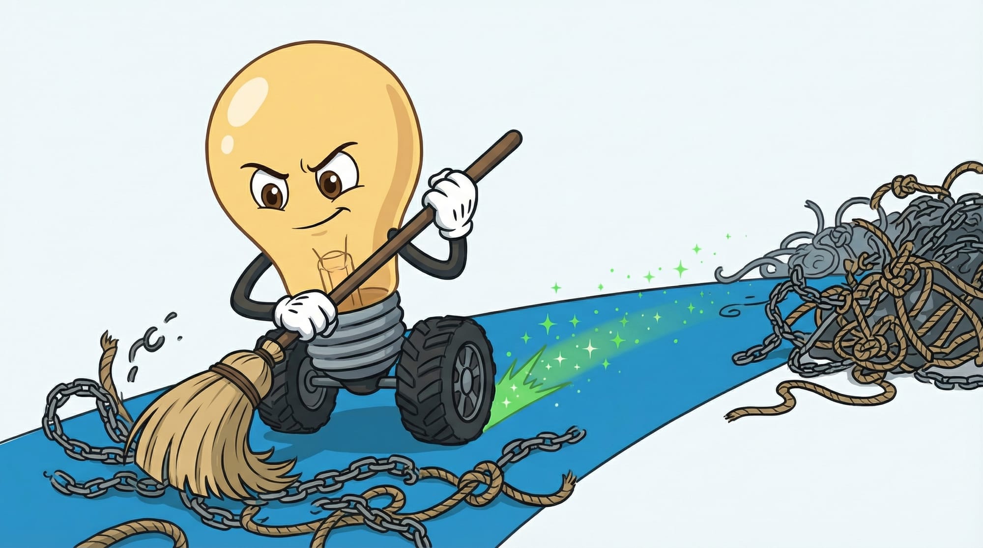 Flick the lightbulb mascot grips a broom, sweeping away tangled chains from a blue road with determined eyes and green spa...