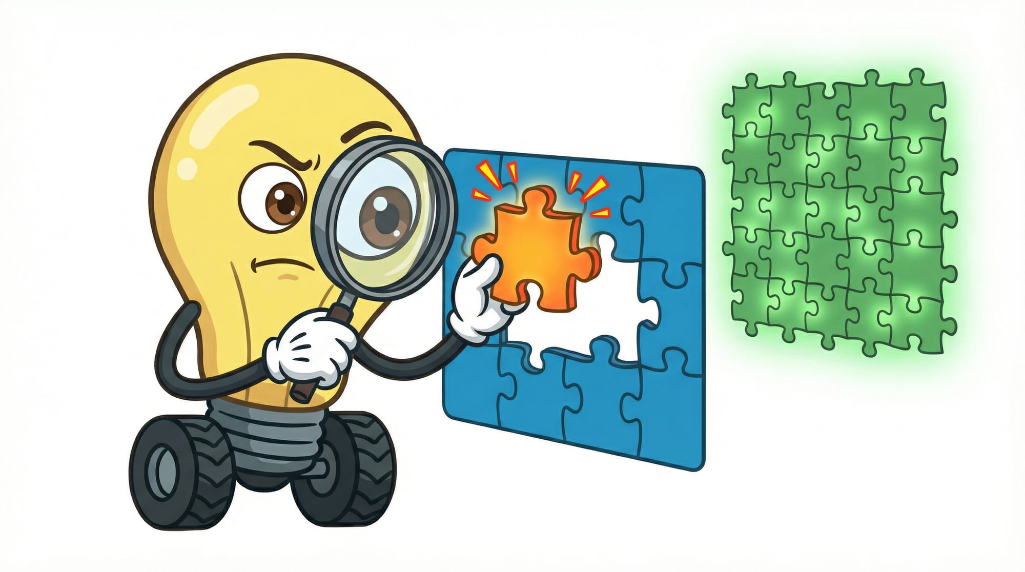 Flick the lightbulb mascot examines a mismatched puzzle piece with a magnifying glass, eyebrows furrowed in concentration.