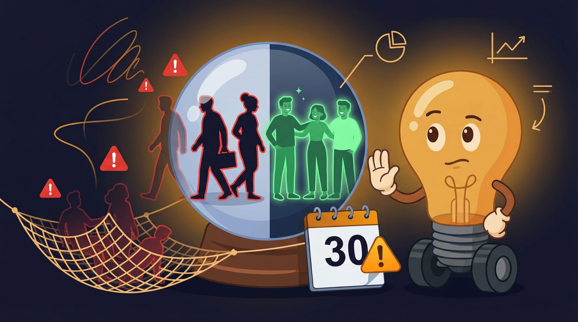 Flick the lightbulb mascot watches a crystal ball predicting customer churn 30 days early while catching departing customers in a safety net