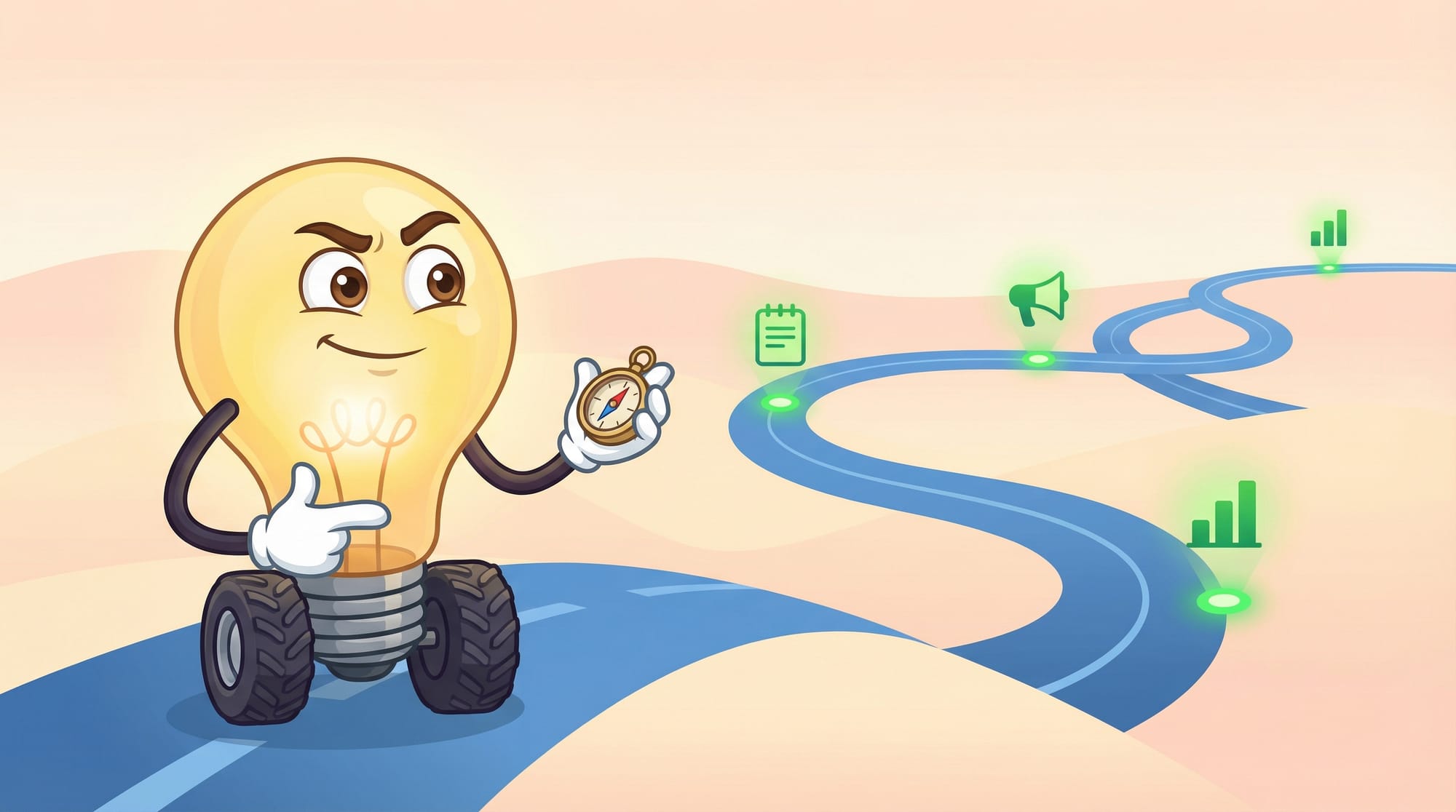 Flick the lightbulb mascot holds a compass and points forward on a winding blue road with glowing green waypoints across h...