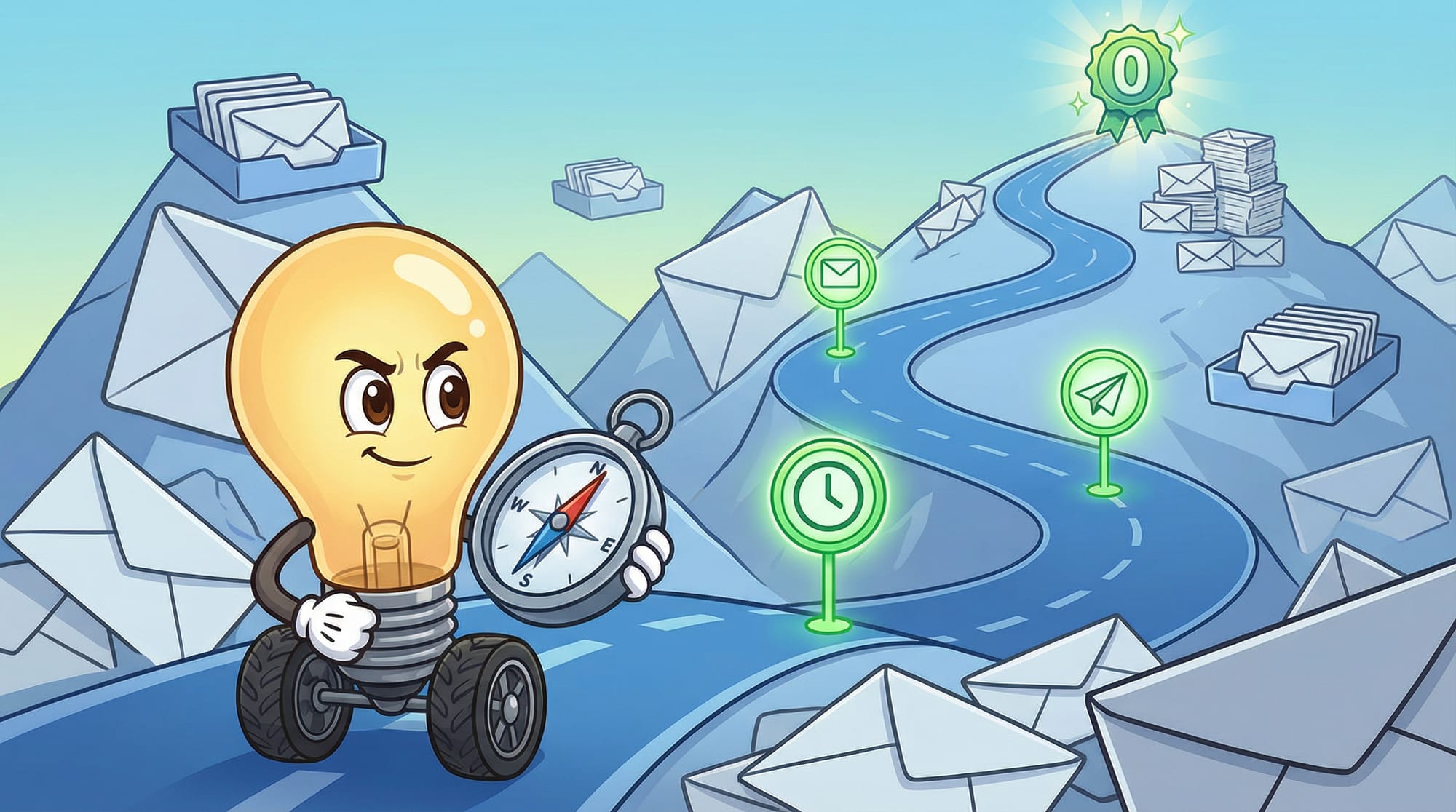 Flick the lightbulb mascot grips a compass, gazing determinedly down a winding blue road through envelope mountains and fl...