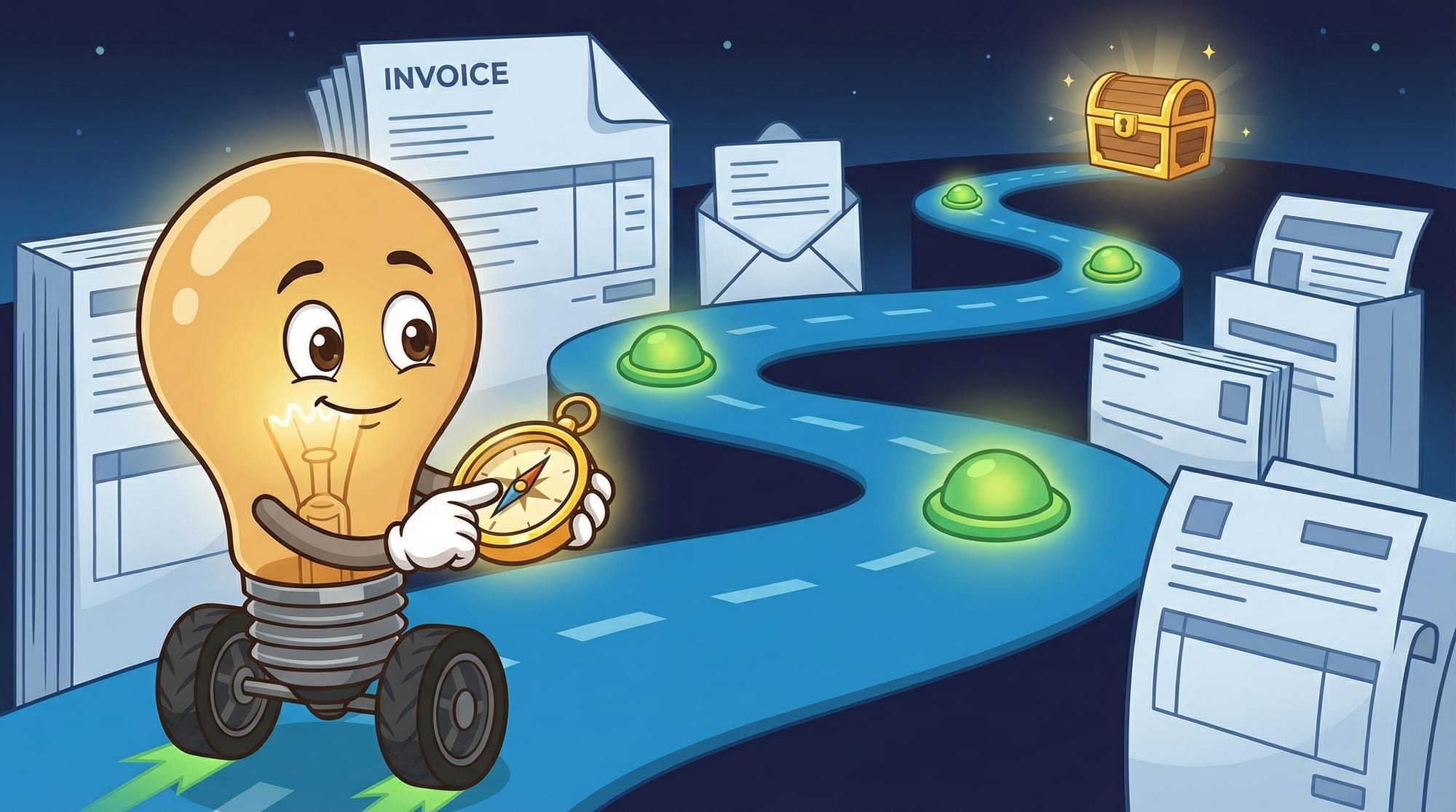 Flick the lightbulb mascot rolls determinedly down a winding blue road past oversized invoice landmarks, holding a glowing...