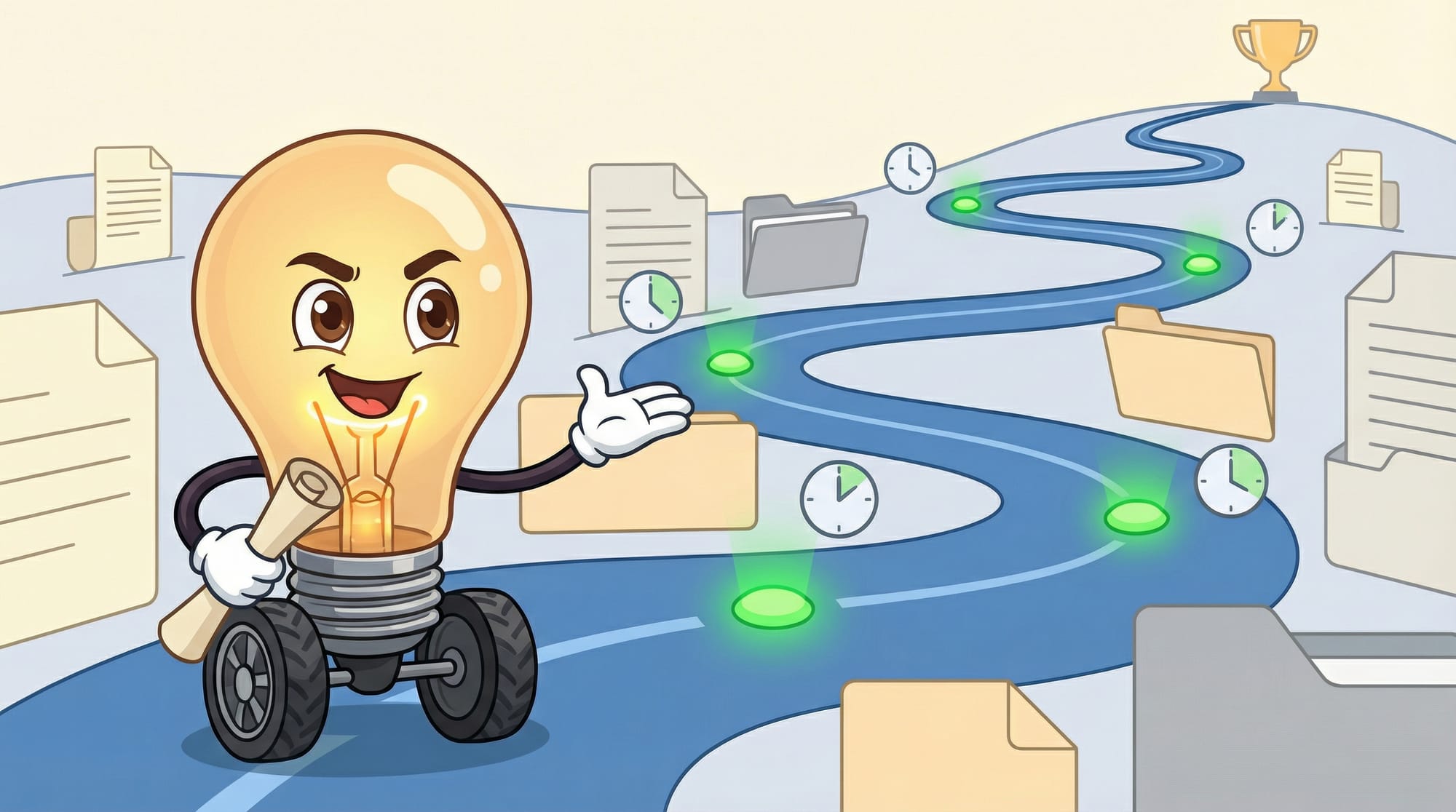 Flick the lightbulb mascot holds a scroll and points forward along a winding blue road lined with document shapes and fold...