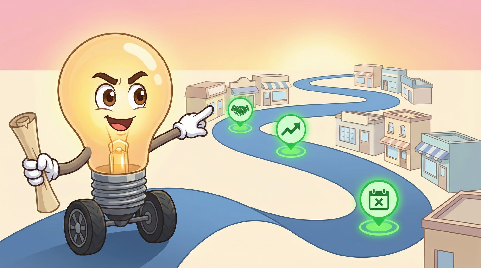 Flick the lightbulb mascot points determinedly down a winding blue road past small storefronts, holding a rolled map, with...