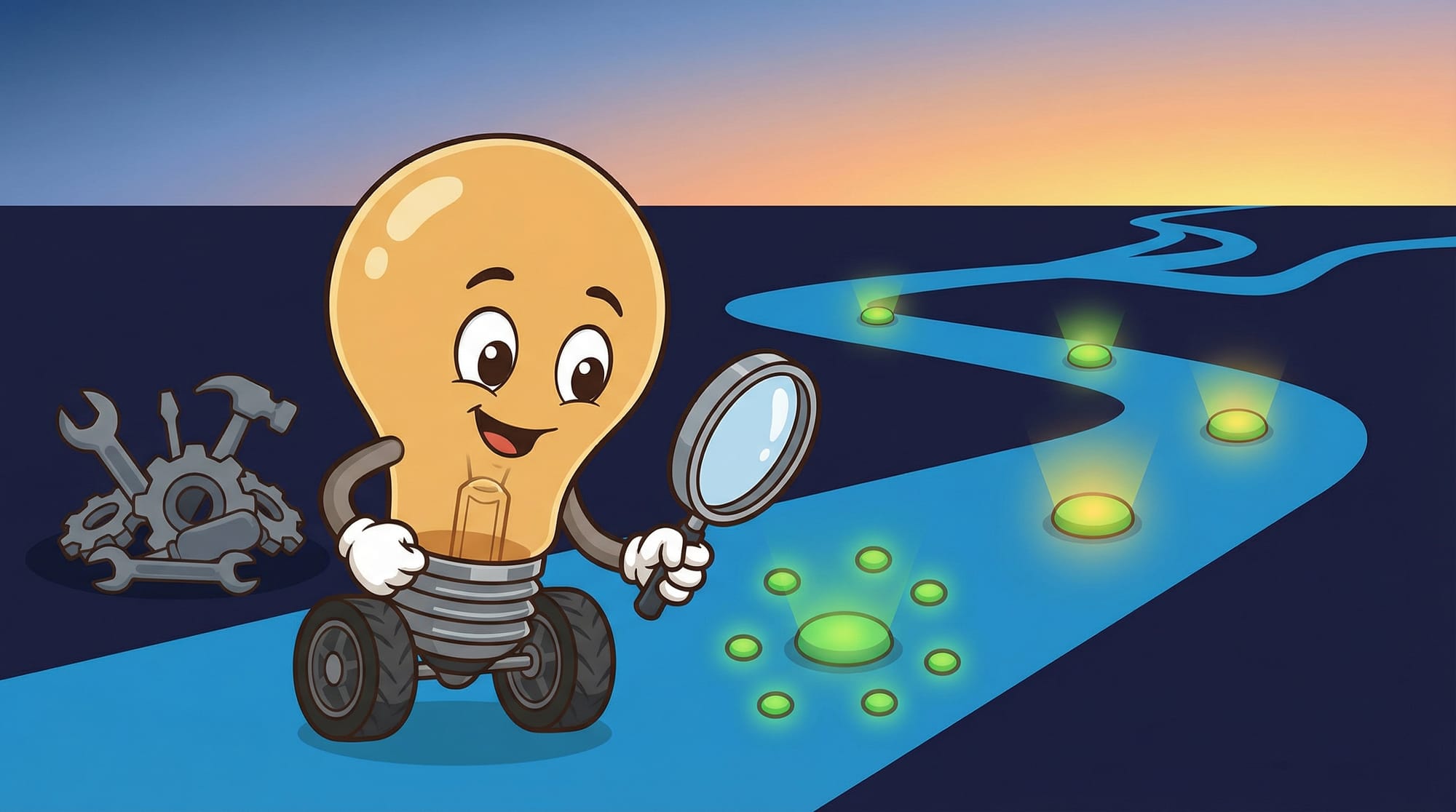 Flick the lightbulb mascot rolls determinedly down a winding blue road, holding a magnifying glass to examine glowing gree...