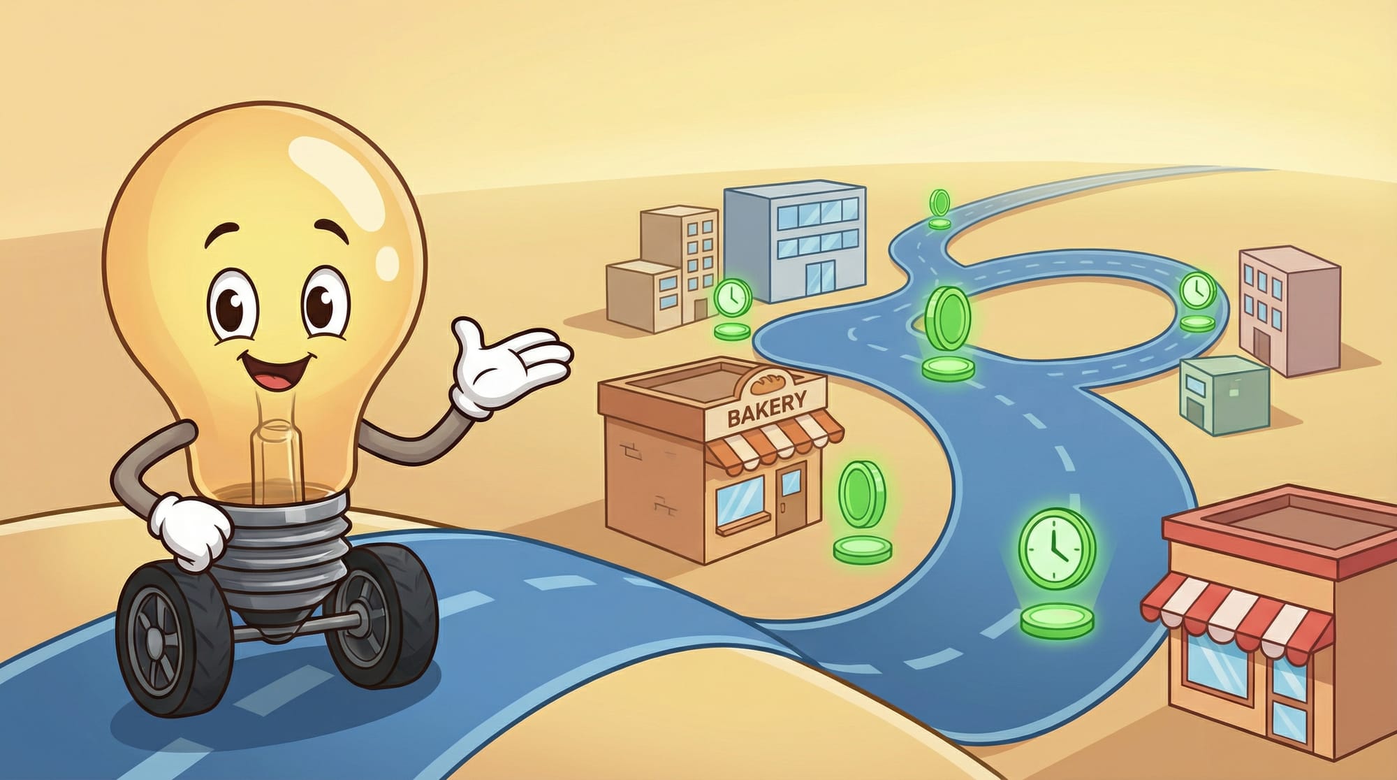 Flick the lightbulb mascot gestures confidently toward a winding blue road past small storefronts, with coin and clock way...