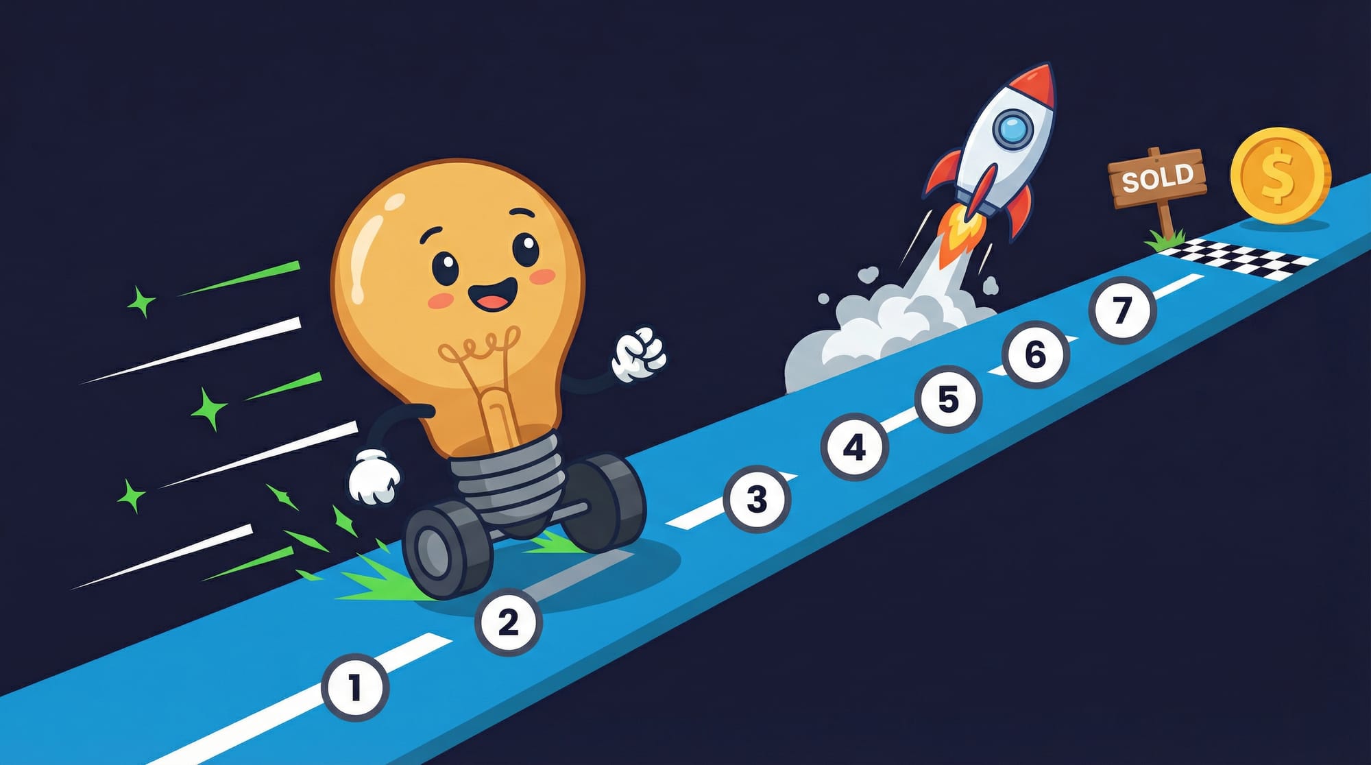 Flick the lightbulb mascot races excitedly along a road with 7 numbered milestones leading to a rocket launch and first sale