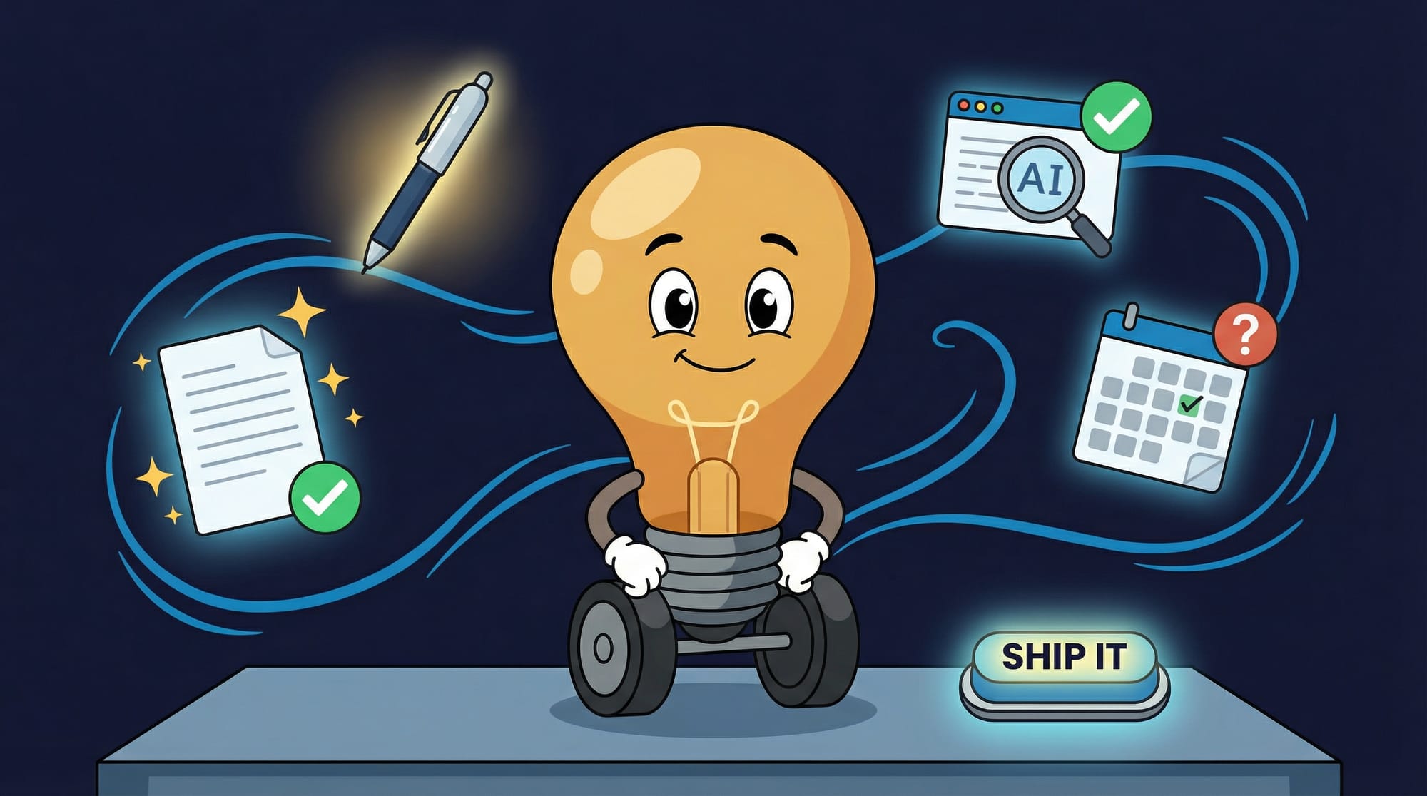 Flick the lightbulb mascot confidently stands among floating AI writing tools with checkmarks and question marks, a glowing SHIP IT button prominent