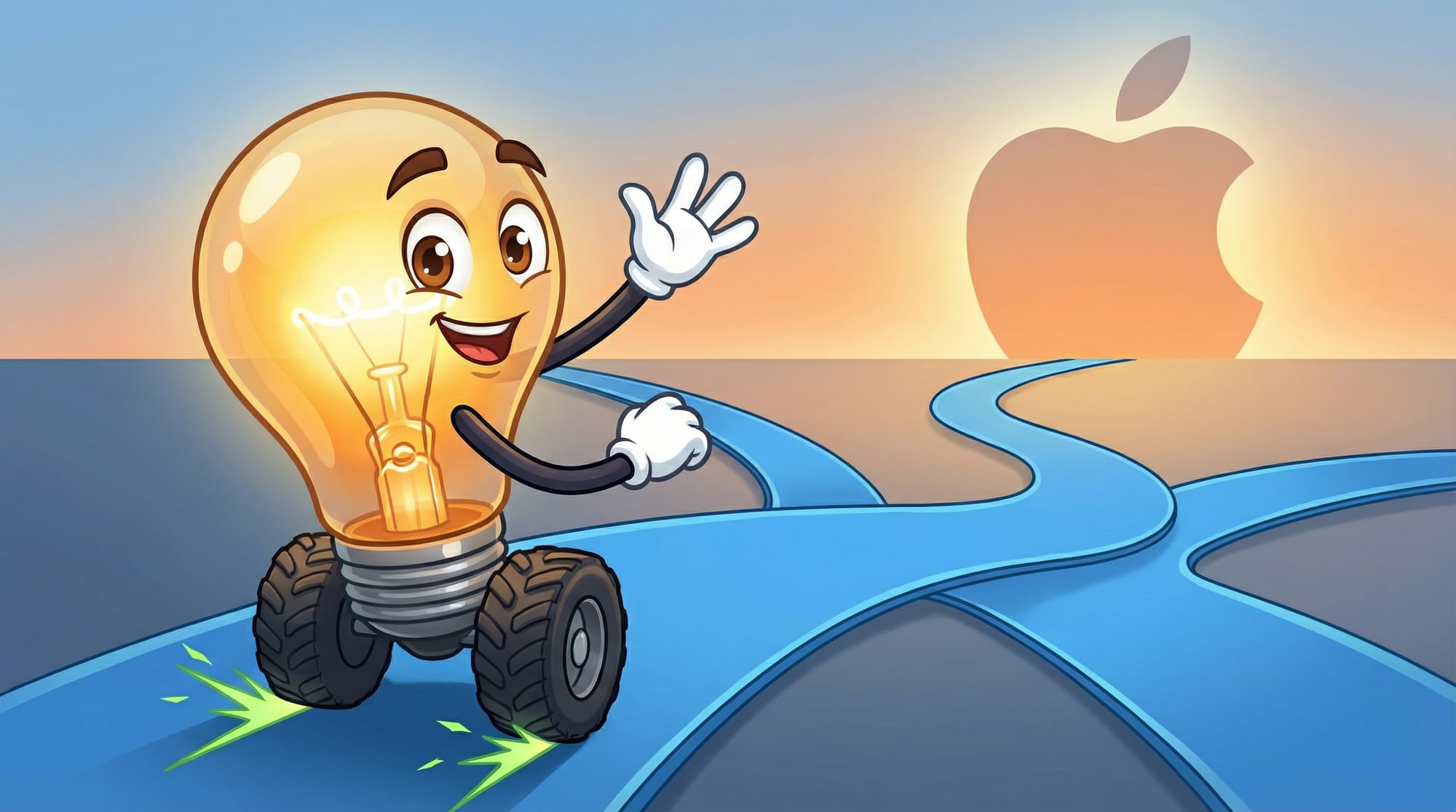 Flick the lightbulb mascot rolls excitedly toward a glowing Apple silhouette, waving with one gloved hand as green sparks ...