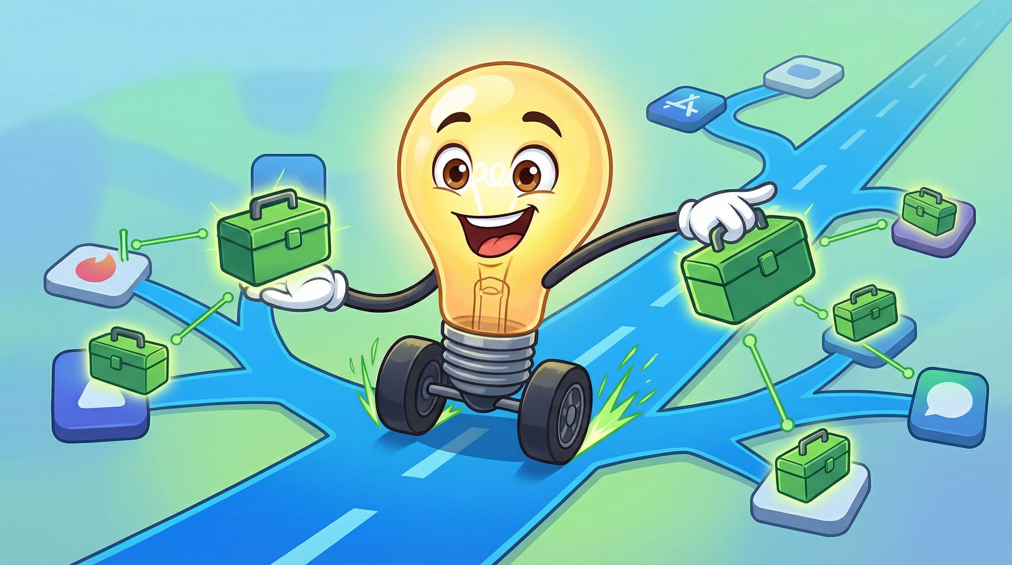 Flick the lightbulb mascot eagerly hands glowing green toolboxes to app icons along branching blue paths, eyes wide with e...