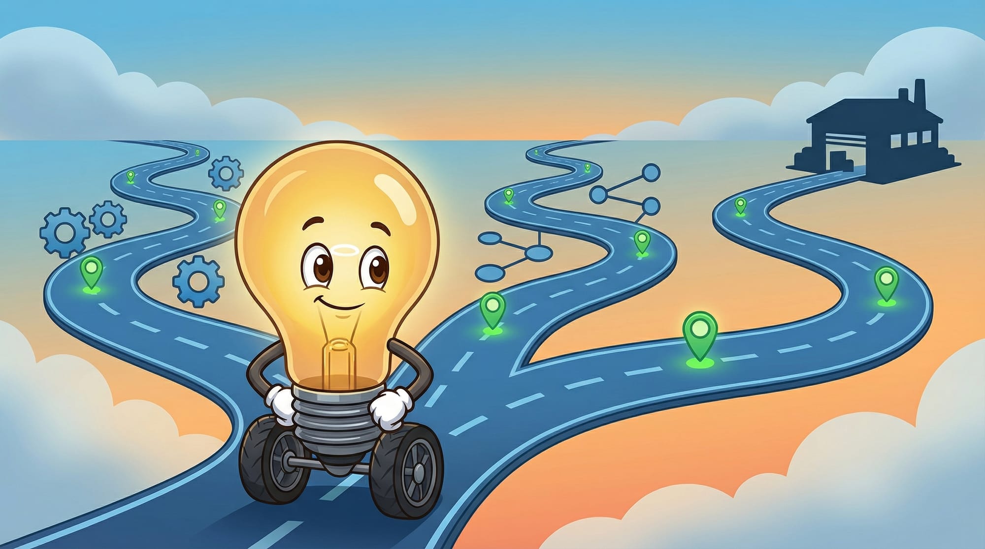 Flick the lightbulb mascot stands at a three-way fork, hands on hips, surveying paths marked with gears, nodes, and automa...