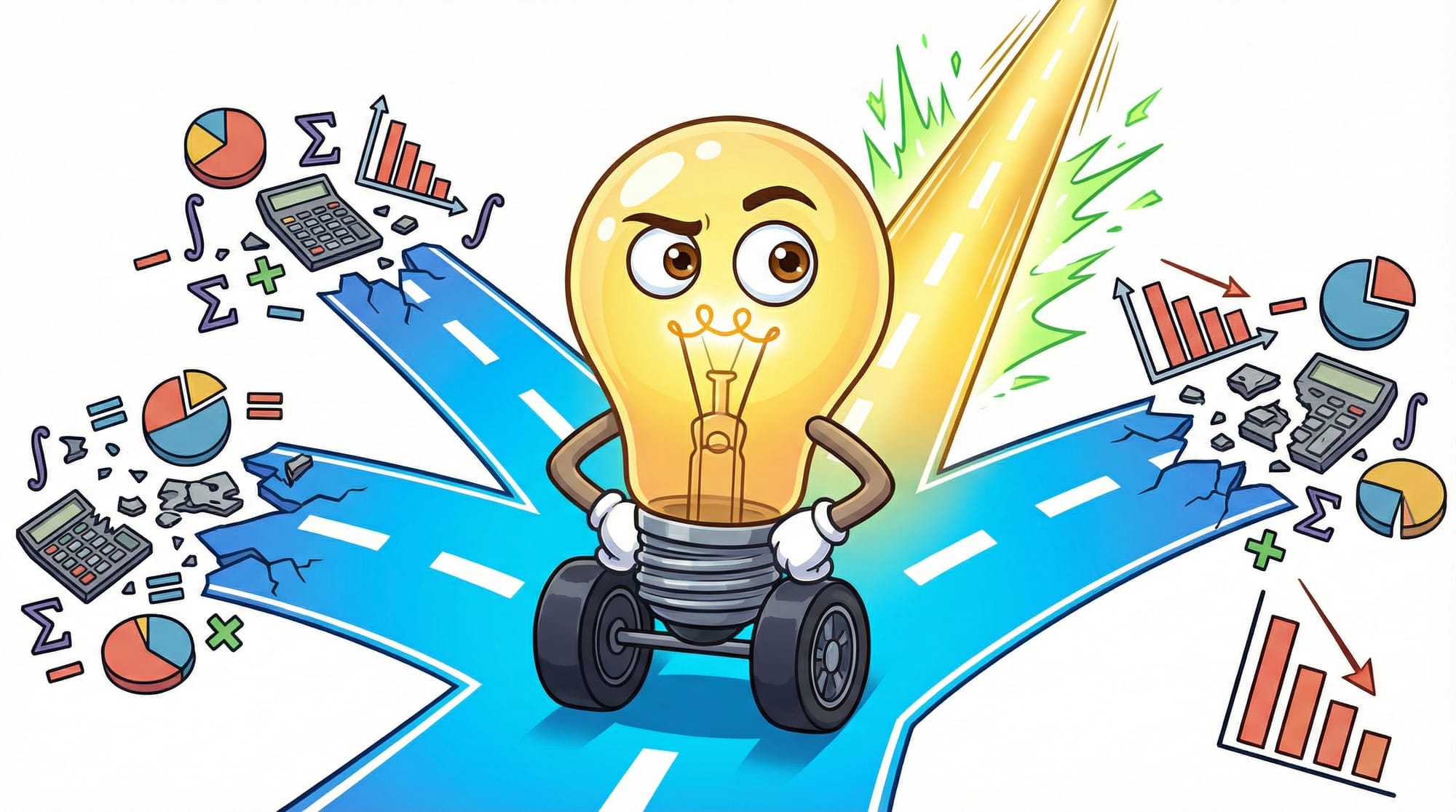 Flick the lightbulb mascot stands skeptically at a crossroads, hands on hips, eyebrow raised, as blue paths crumble into b...