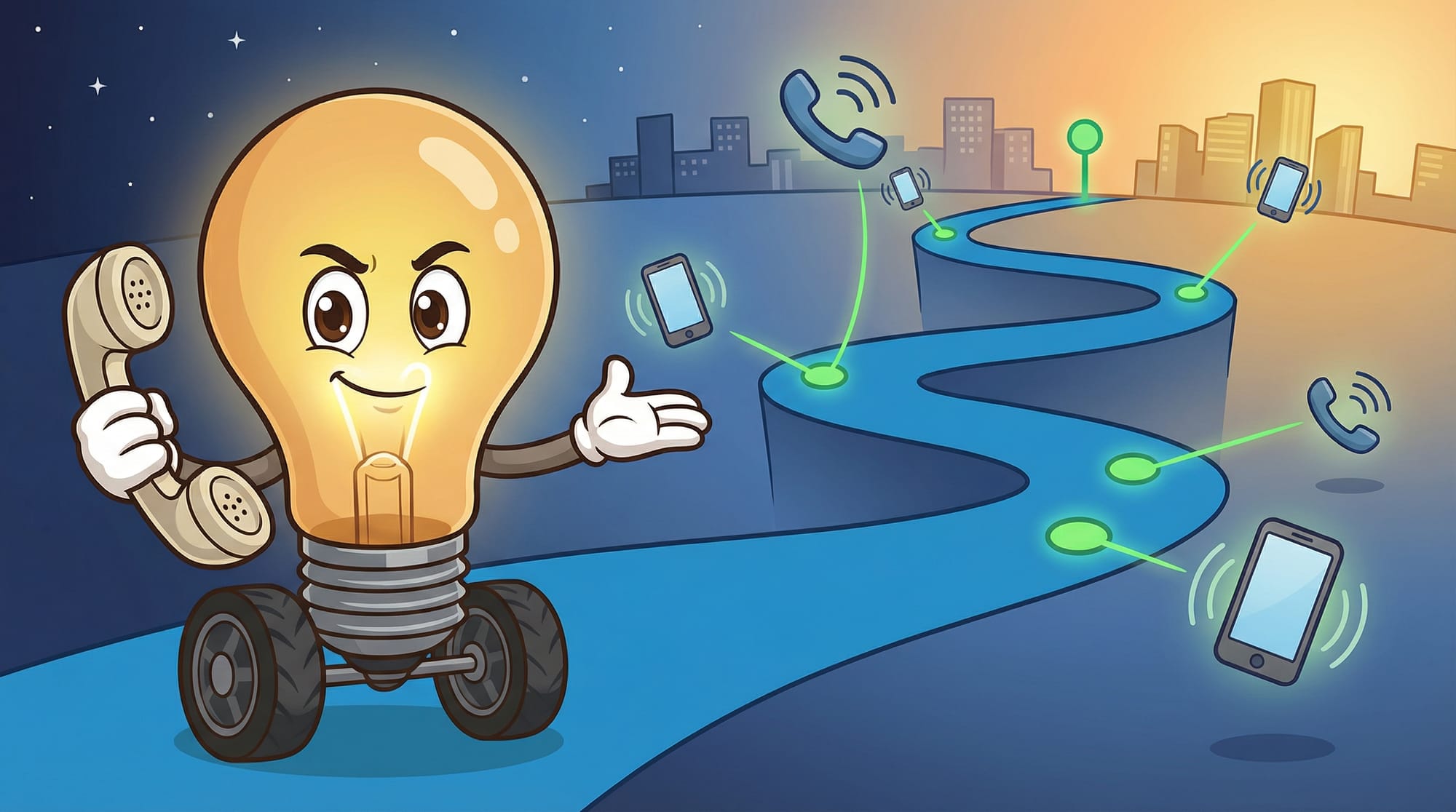 Flick the lightbulb mascot stands confidently holding a phone receiver on a winding blue road dotted with ringing telephon...