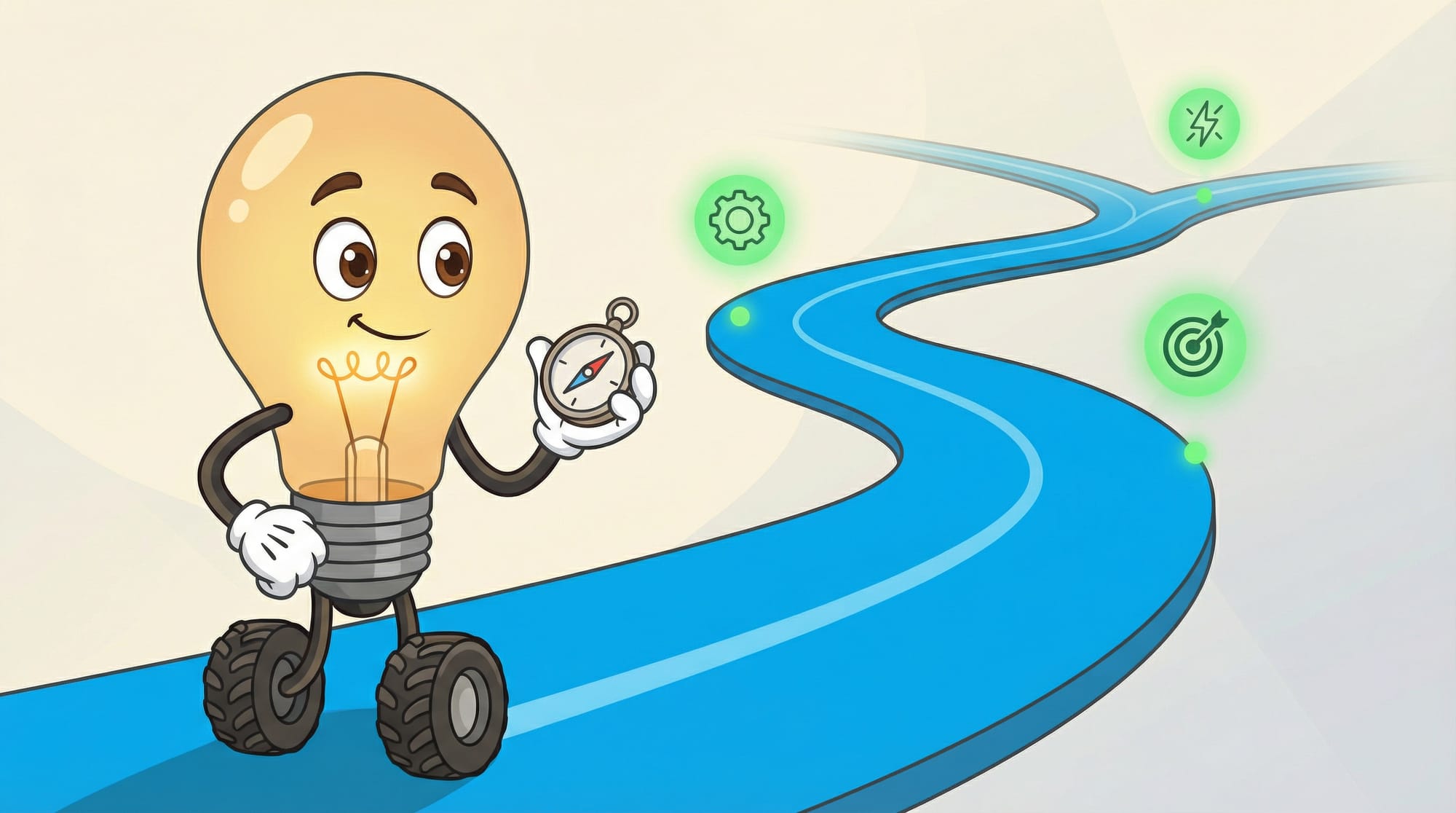 Flick the lightbulb mascot holds a compass, gazing determinedly at a winding blue road with three glowing green decision n...
