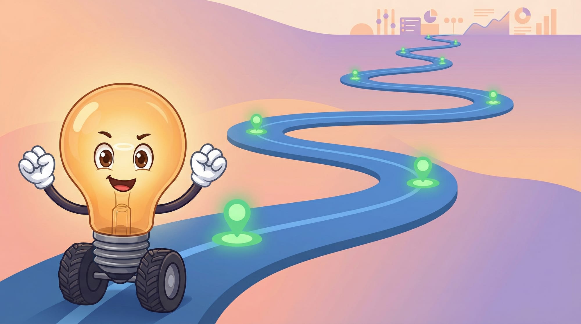 Flick the lightbulb mascot stands at a winding blue road with glowing waypoints, arms raised encouragingly as a guide.