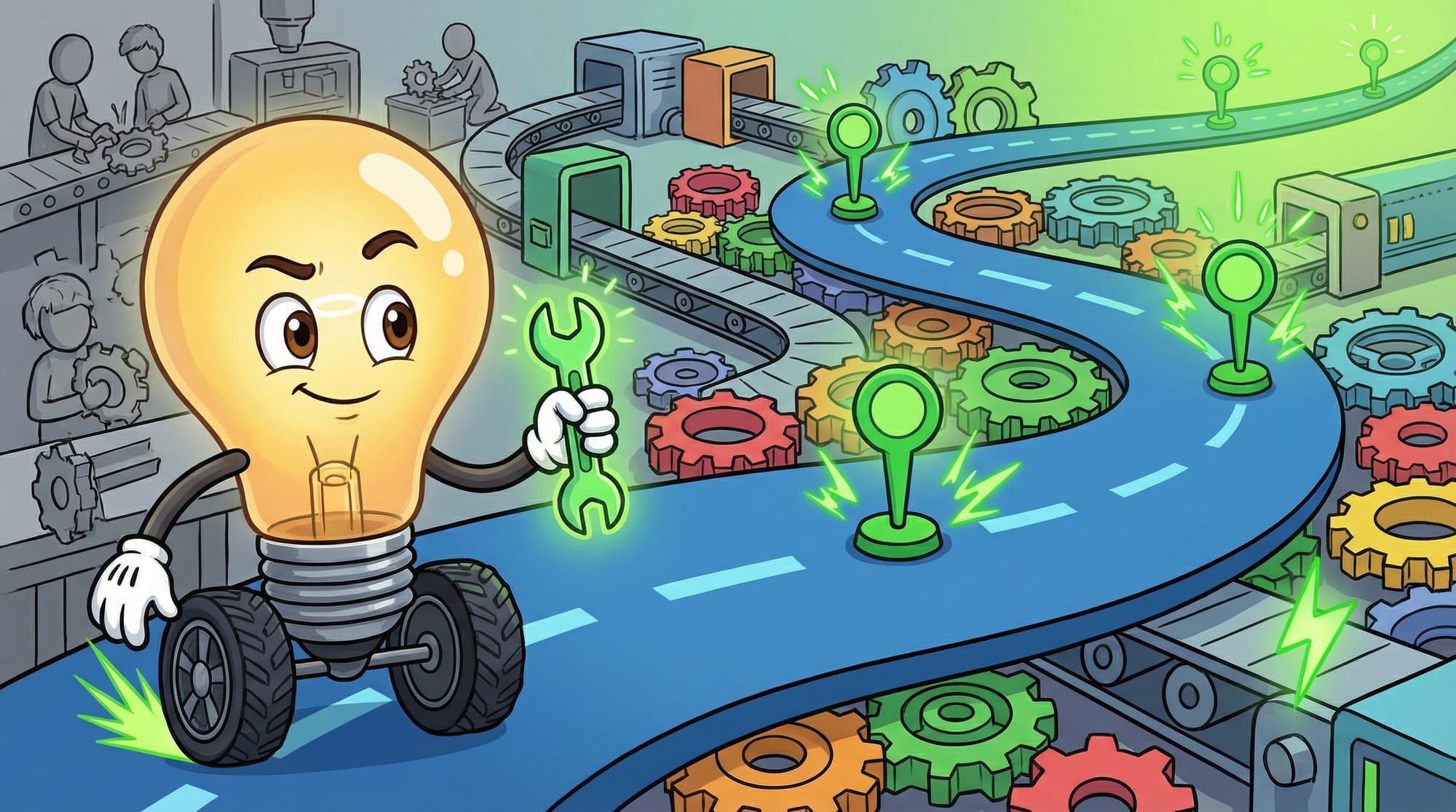 Flick the lightbulb mascot holds a green wrench, standing confidently on a blue road with gears and automation machinery.