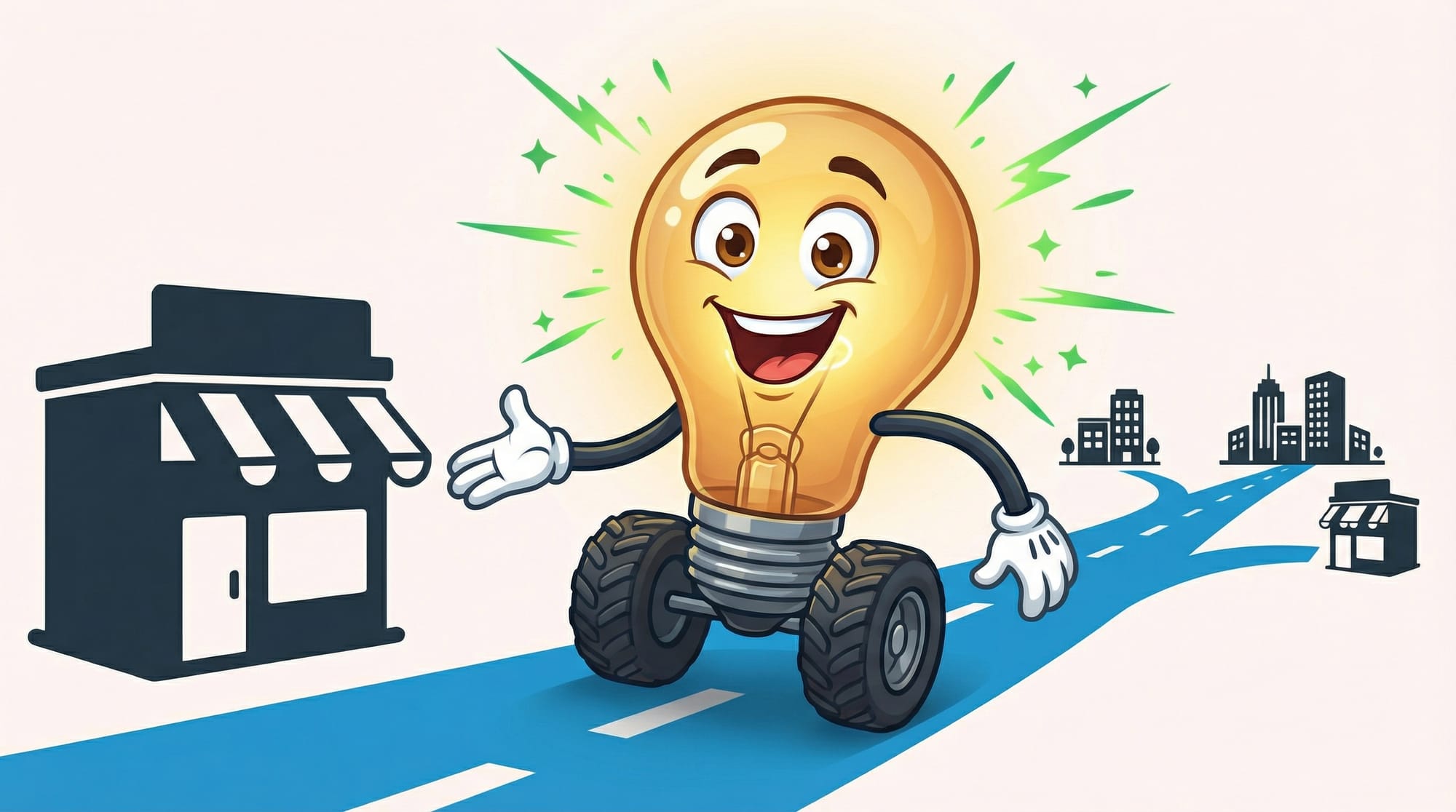 Flick the lightbulb mascot rolls excitedly on wheels, gesturing toward a small shop with multiple city paths behind him.