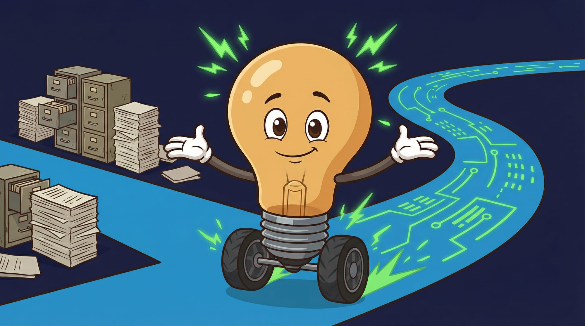 Flick the lightbulb mascot gestures at a forked road, choosing the modern circuit-patterned path over the paper-filled route.