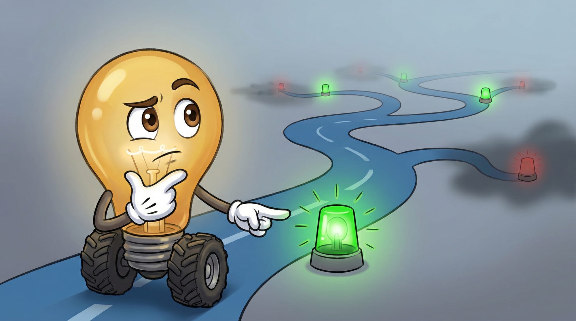 Flick the lightbulb mascot gazes cautiously at a forking blue road, one gloved hand near a green warning beacon.